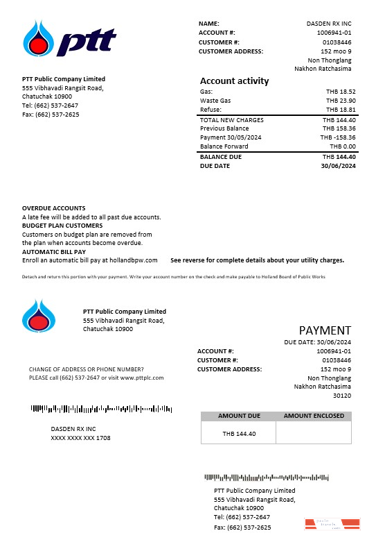 Thailand PTT gas business utility bill template in Word and PDF formats